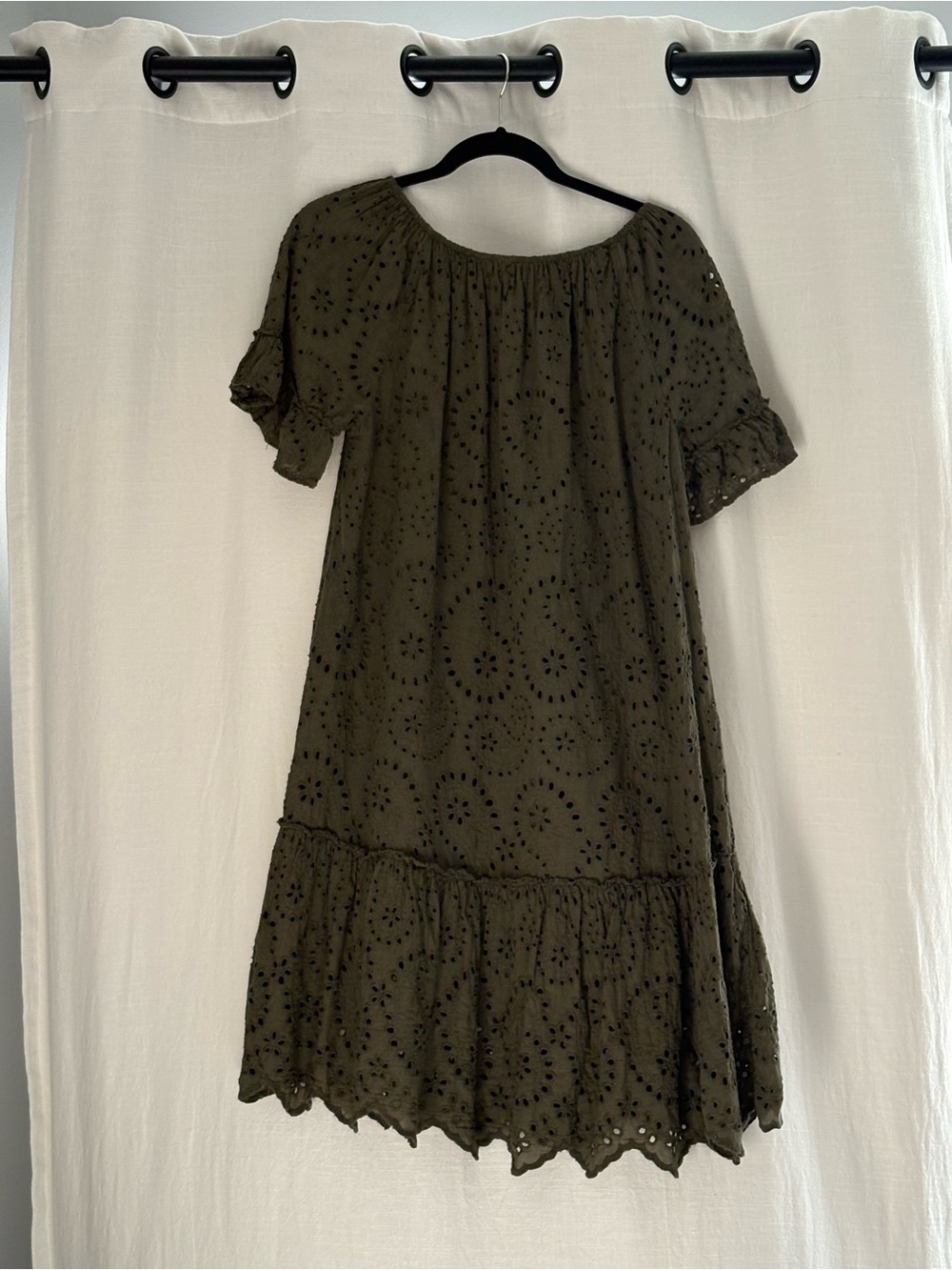 Valentina Naldi Italy Olive Green Eyelet Lace Tiered Mini Dress L